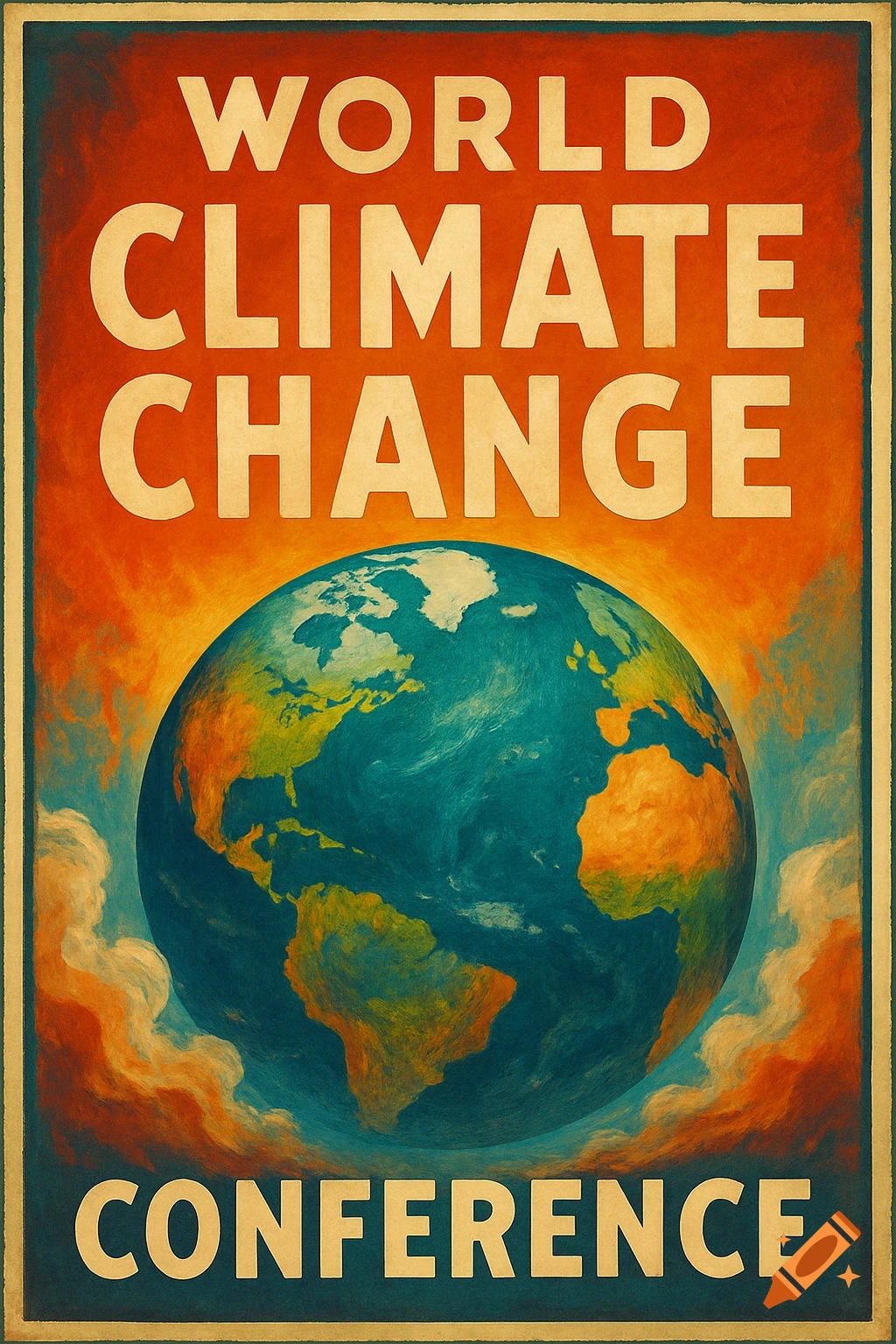 A vintage-style poster for the World Climate Change Conference with text and an image of the earth from space surrounded by clouds.