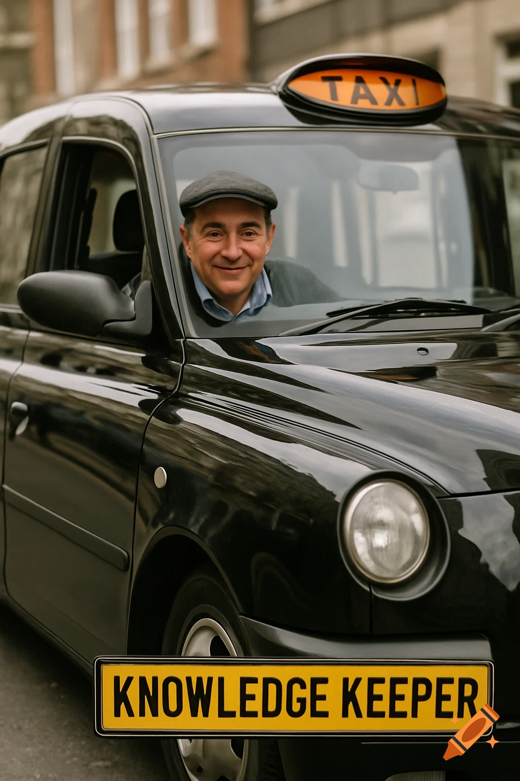 A man in a flat cap smiles from the window of a black London taxi with "KNOWLEDGE KEEPER" on the number plate.