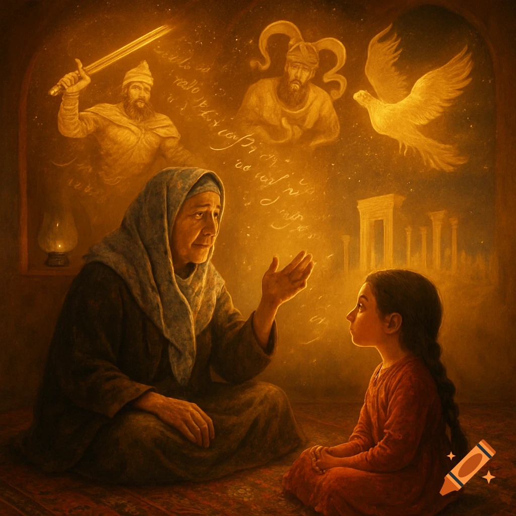 Old woman tells story to girl, with glowing mythological images and swirling text.