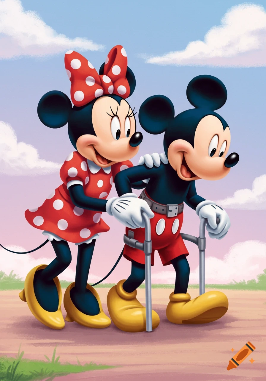 Minnie Mouse helps Mickey Mouse walk with a walker in cartoon style.