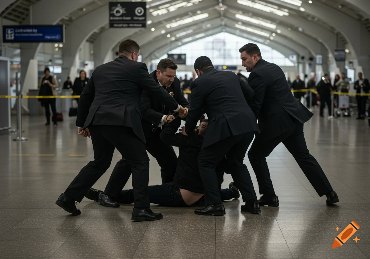 Men in suits apprehending a person on the floor in an airport terminal.