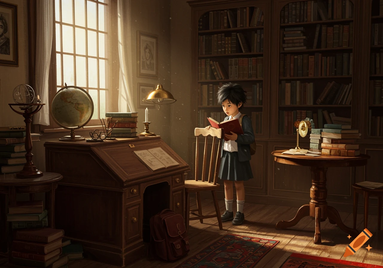 A young anime student reads a book in a large, sunlit study room with bookshelves and a desk.