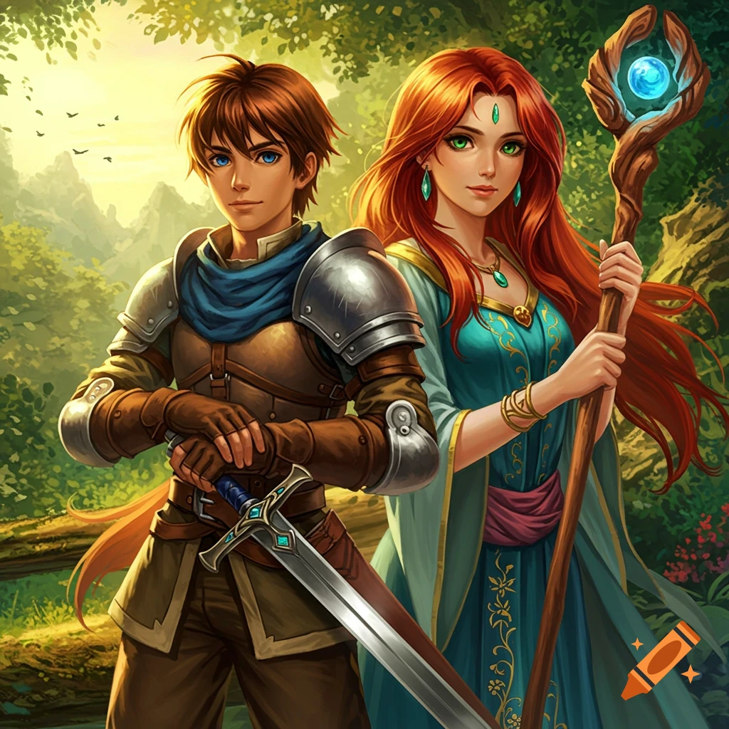 Young male knight with sword and female mage with staff stand in a ...