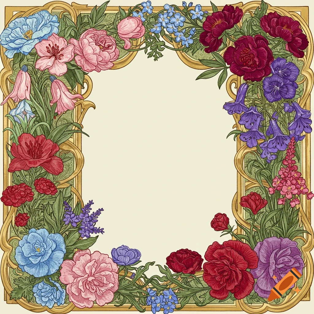 Illustrated floral frame with red, pink, blue, and purple flowers around a gold border.