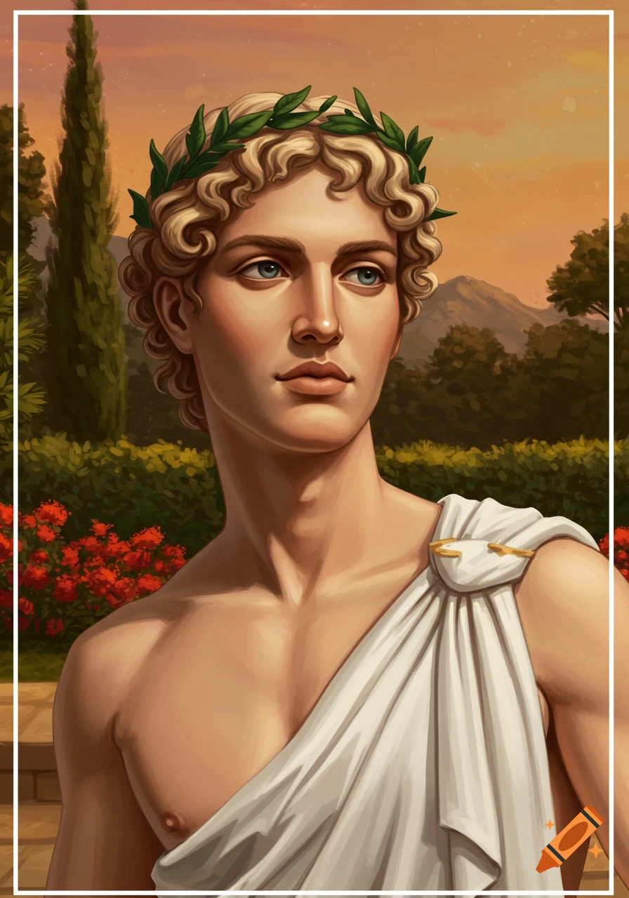 Digital painting of a classical man with a laurel wreath wearing a toga in a garden.
