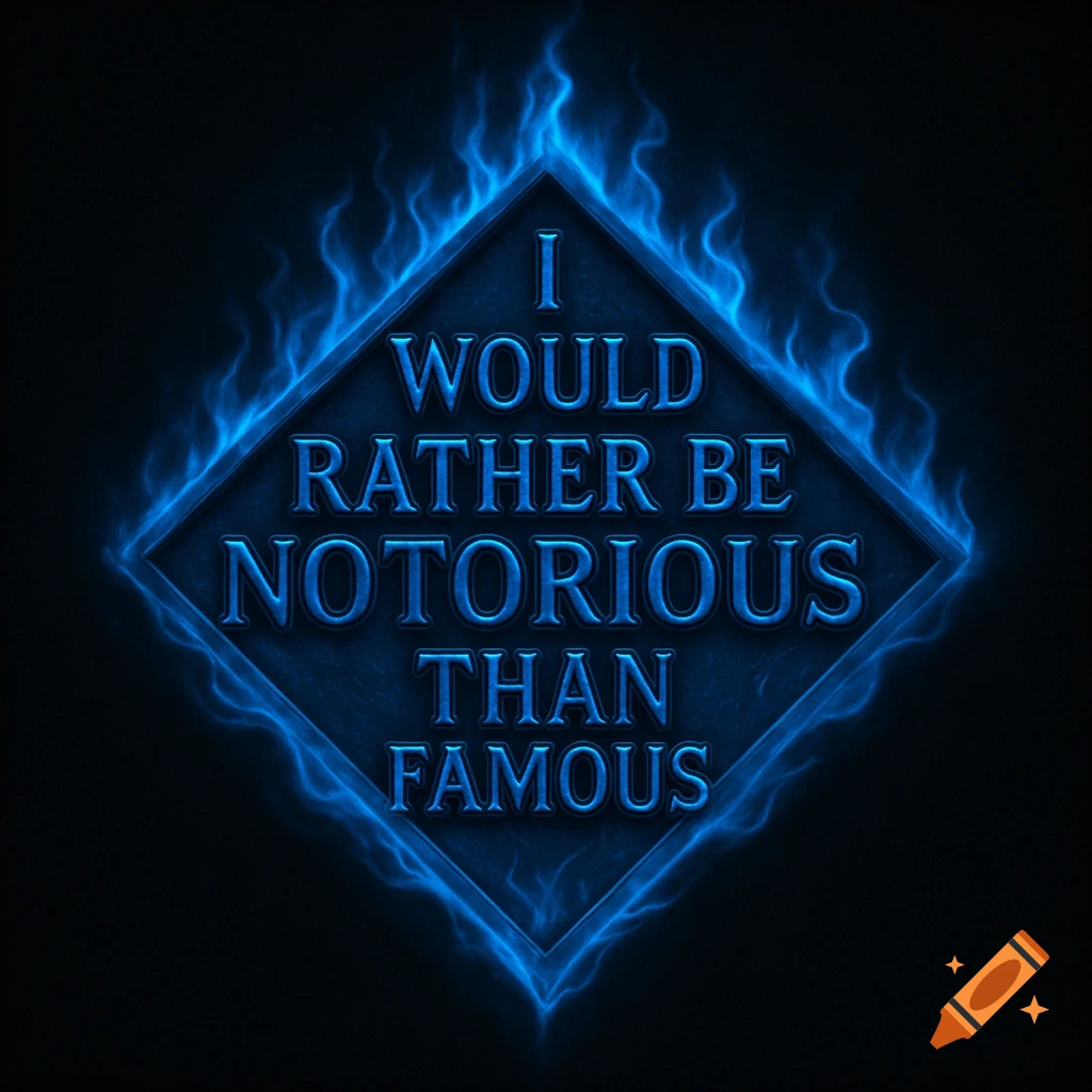 Diamond shape with text "I WOULD RATHER BE NOTORIOUS THAN FAMOUS" surrounded by blue flames on a dark background.