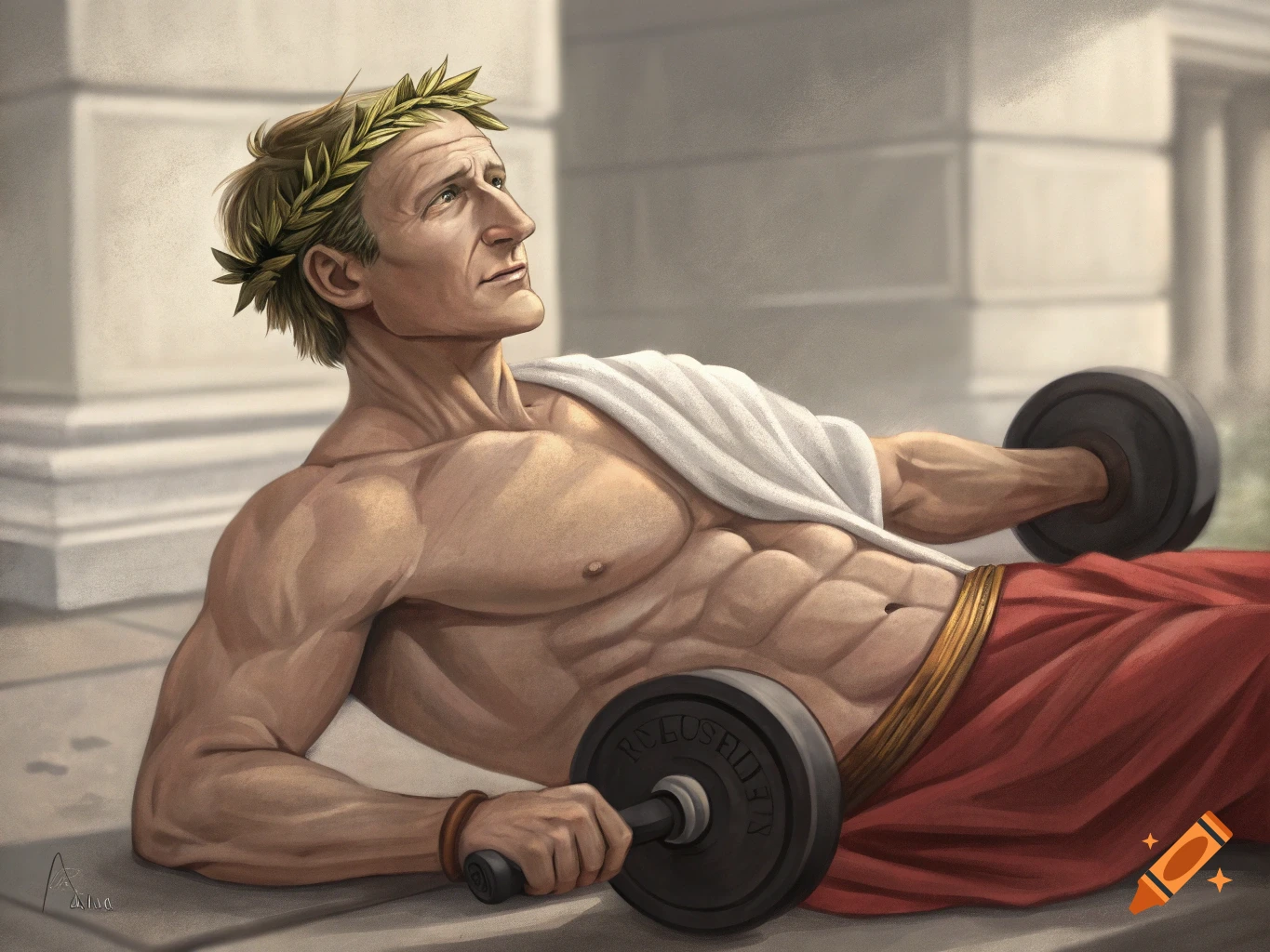 Julius Caesar with a bodybuilder physique lifts dumbbells while wearing a laurel wreath and toga.