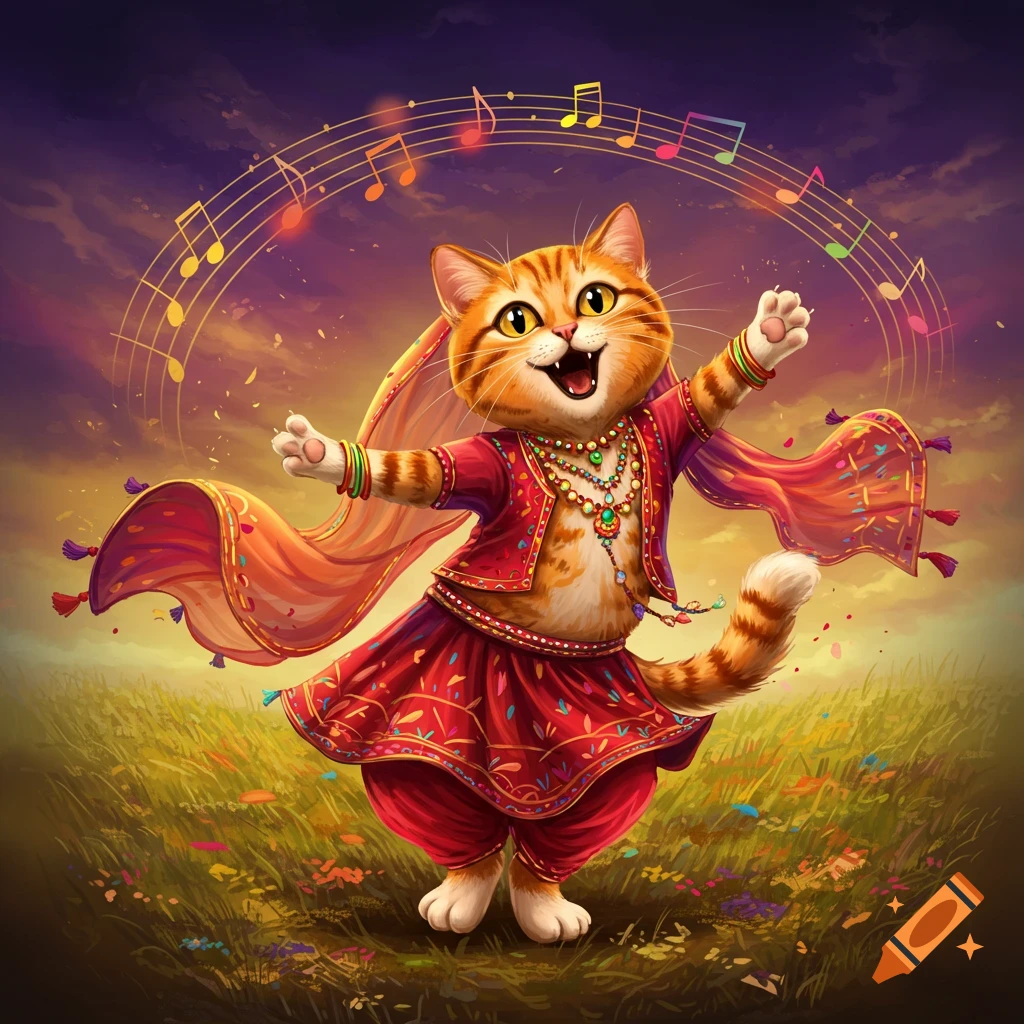 A cartoon cat in traditional Indian clothing dances joyfully with musical notes above its head.