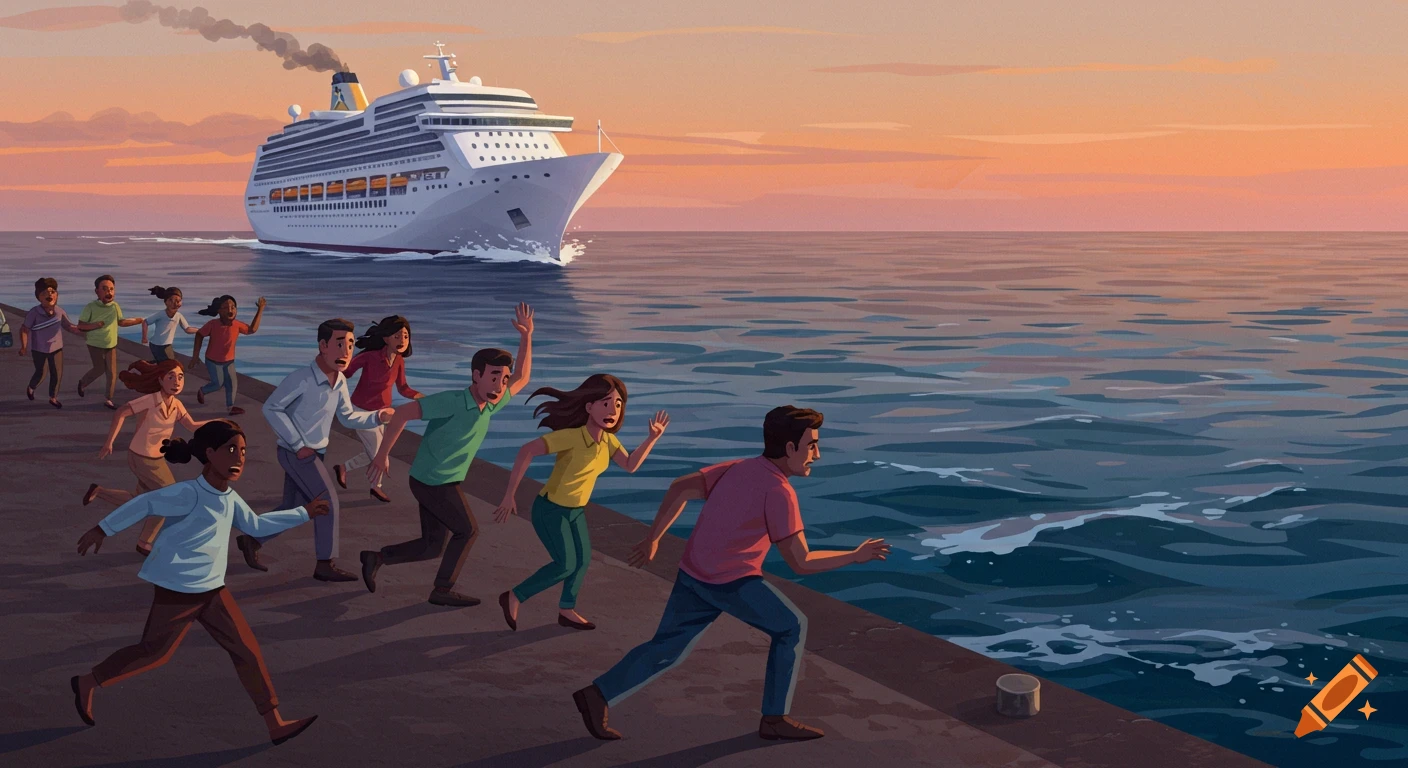 Illustrated scene of diverse people running on a dock watching a large cruise ship sail away into the sunset.