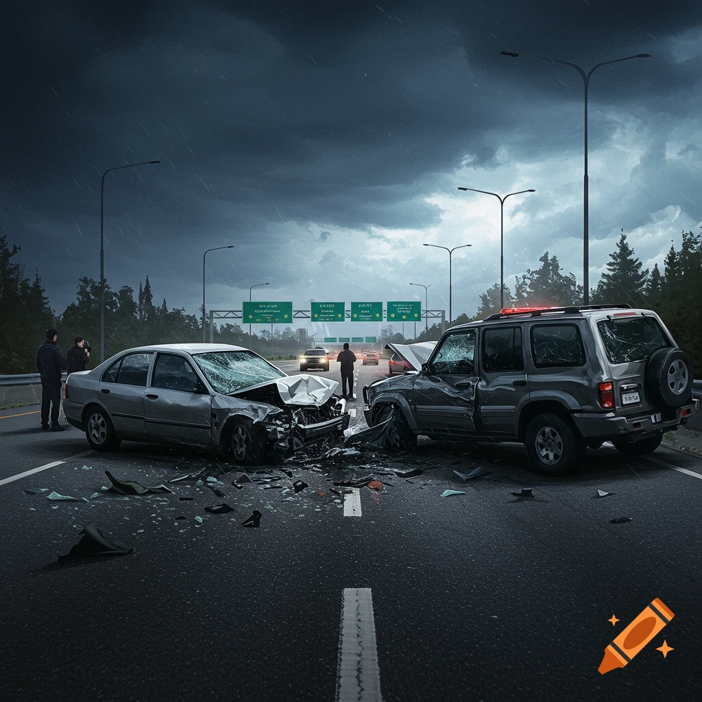 A two-car accident on a highway during a storm with people standing nearby.