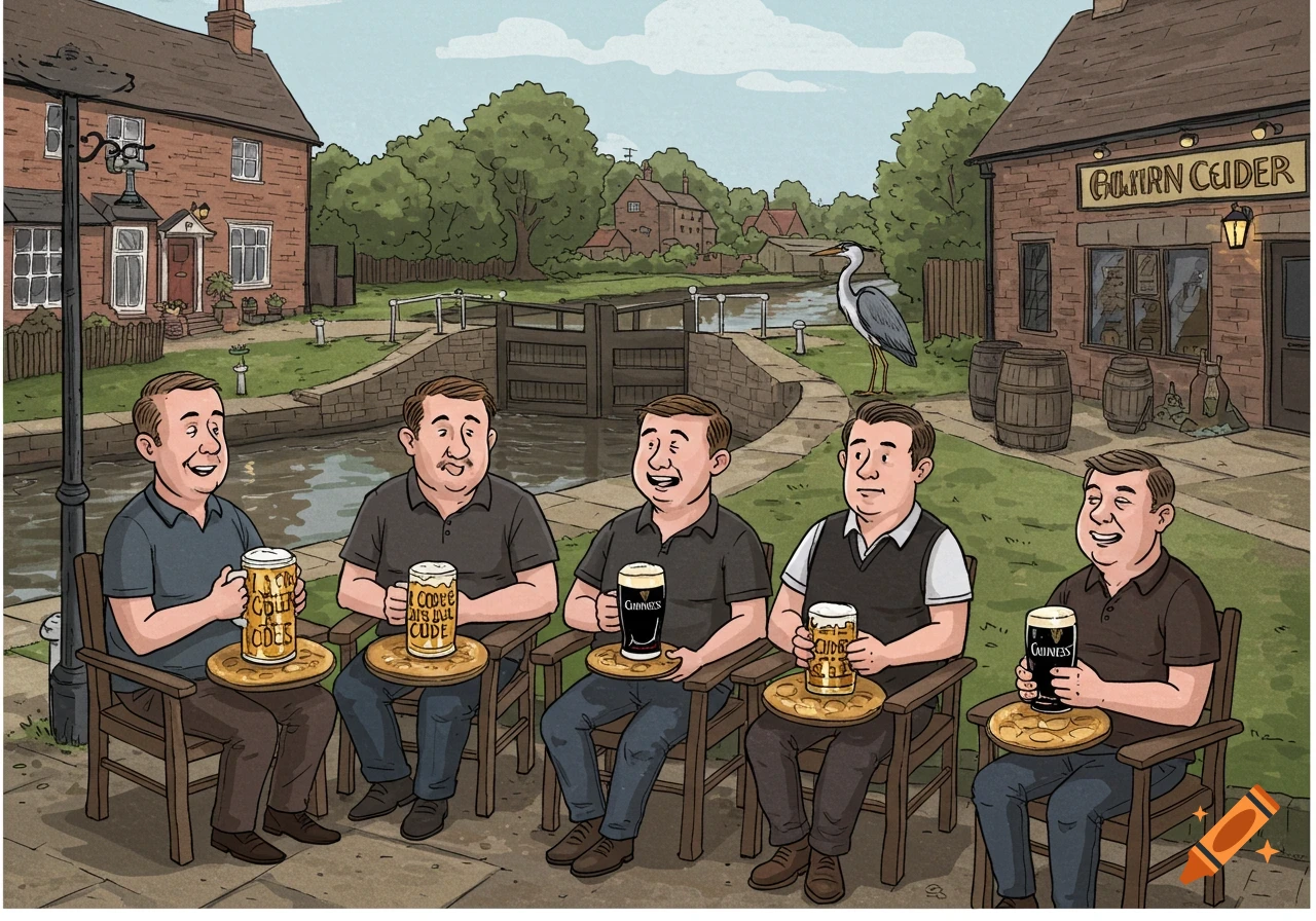 Cartoon of five men drinking outside a pub by a canal with a heron.