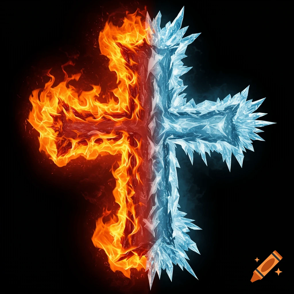 A cross split between vibrant fire and sharp ice on a dark background.