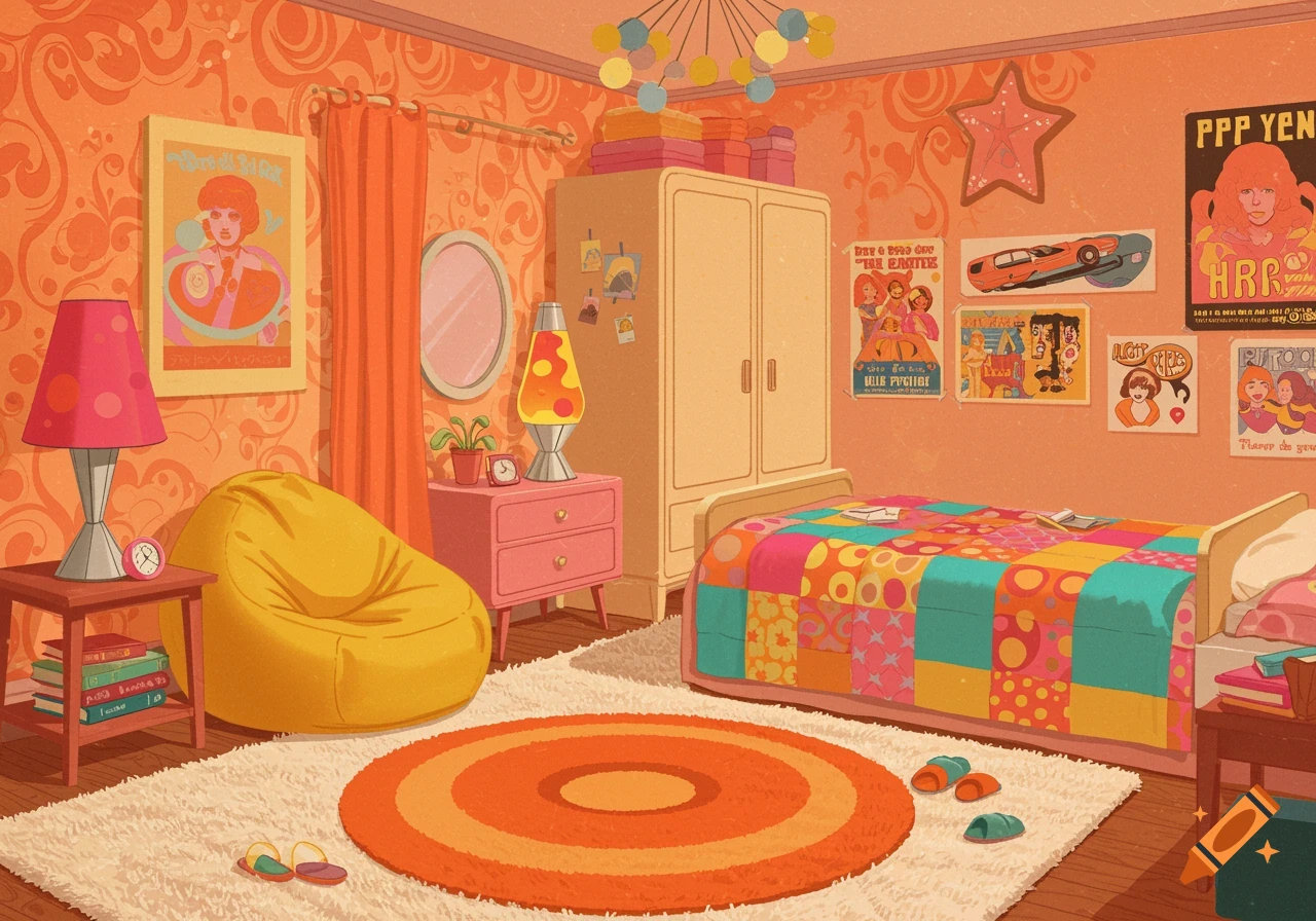 An illustration of a 1970s bedroom with orange and pink walls, a yellow beanbag, lava lamp, posters, and a colorful bedspread.