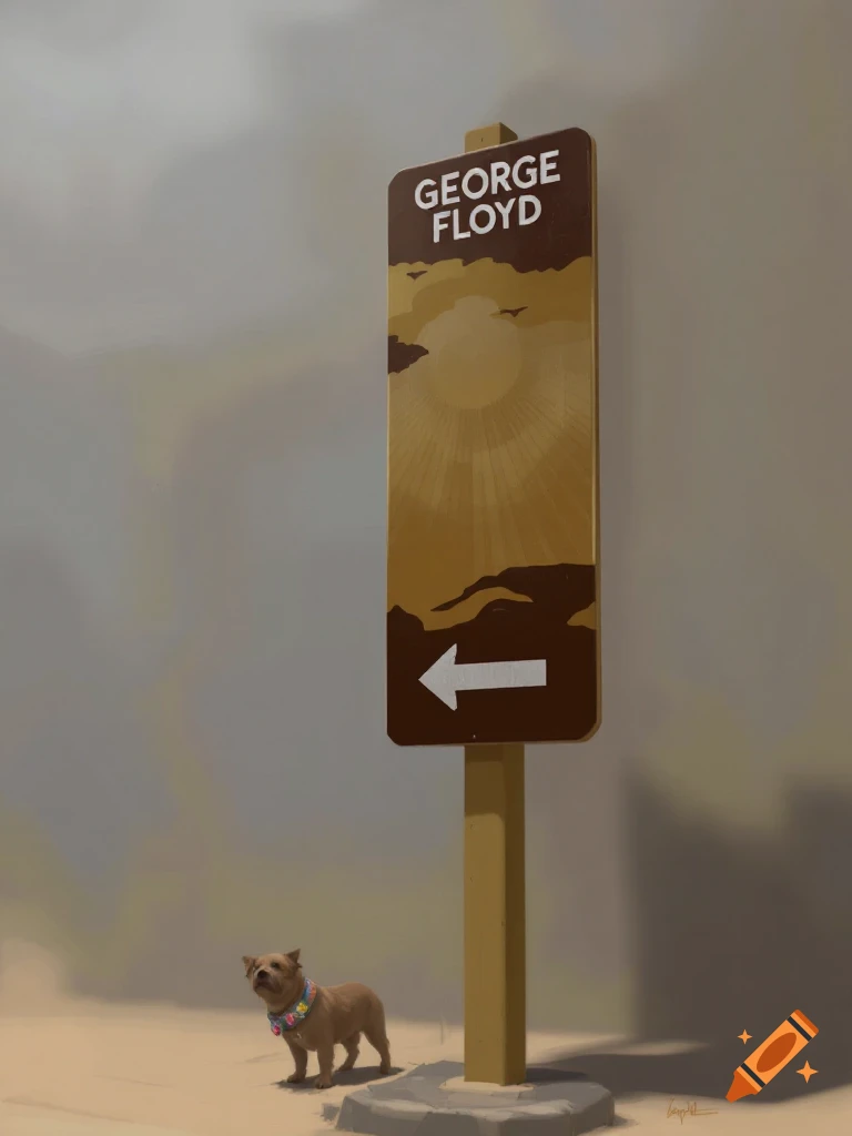 A small dog stands beside a brown sign reading GEORGE FLOYD pointing left, in a painted landscape.