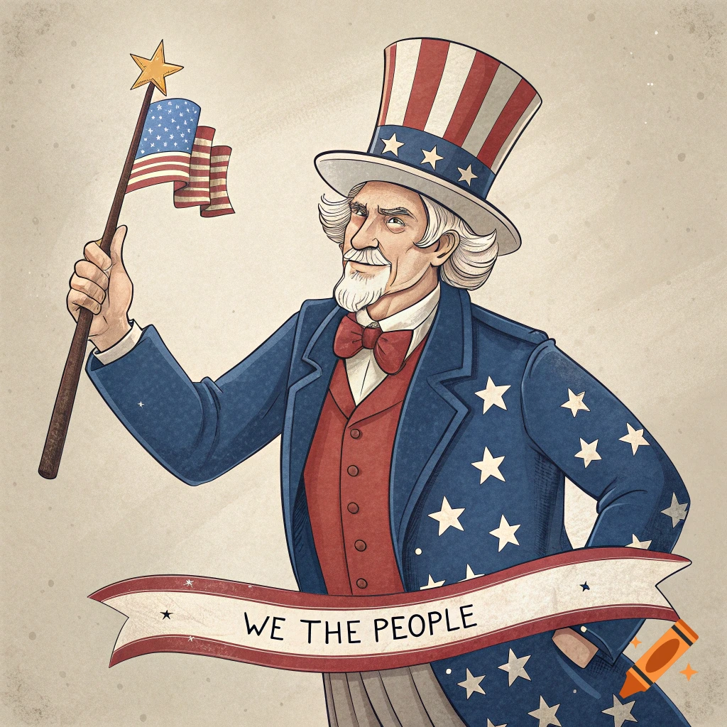 Illustration of Uncle Sam holding a flag, with a banner reading 'WE THE PEOPLE'.