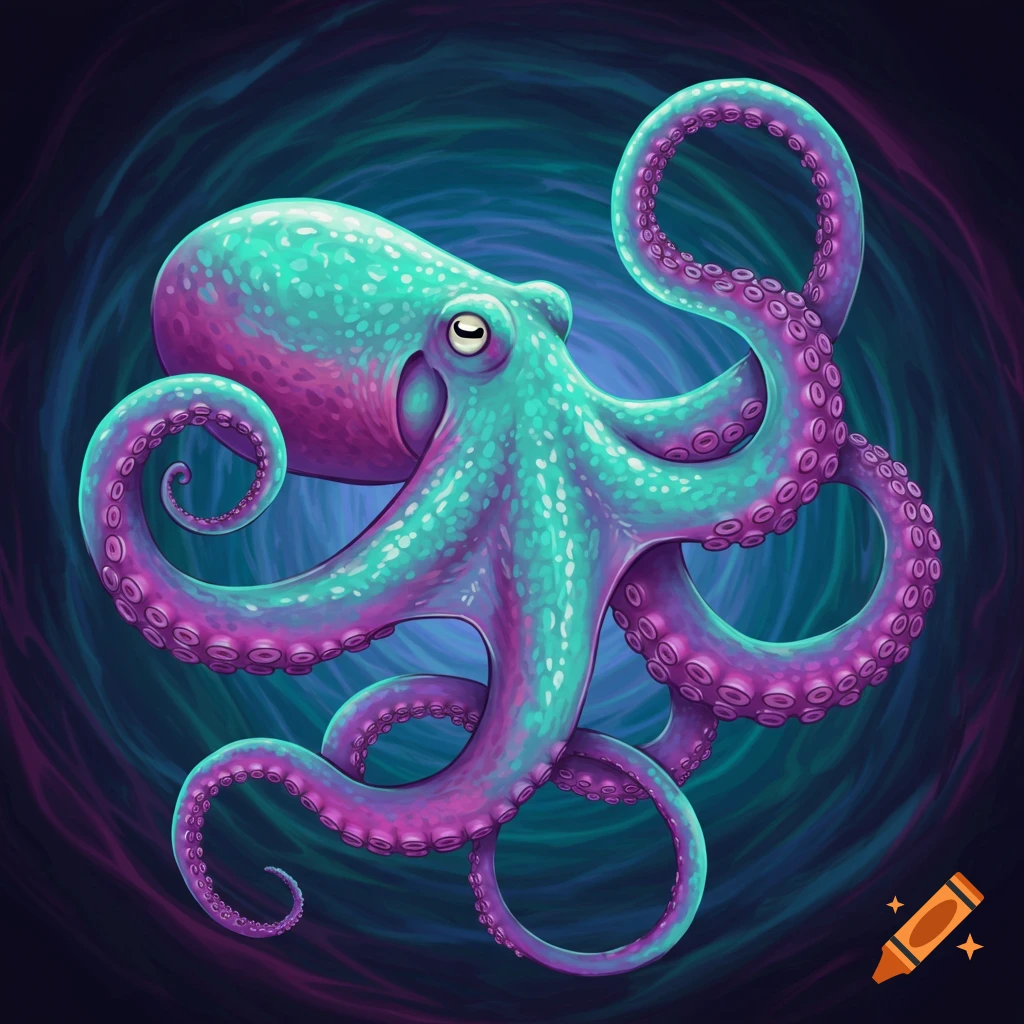 A colorful, stylized octopus illustration on a dark, swirling background.