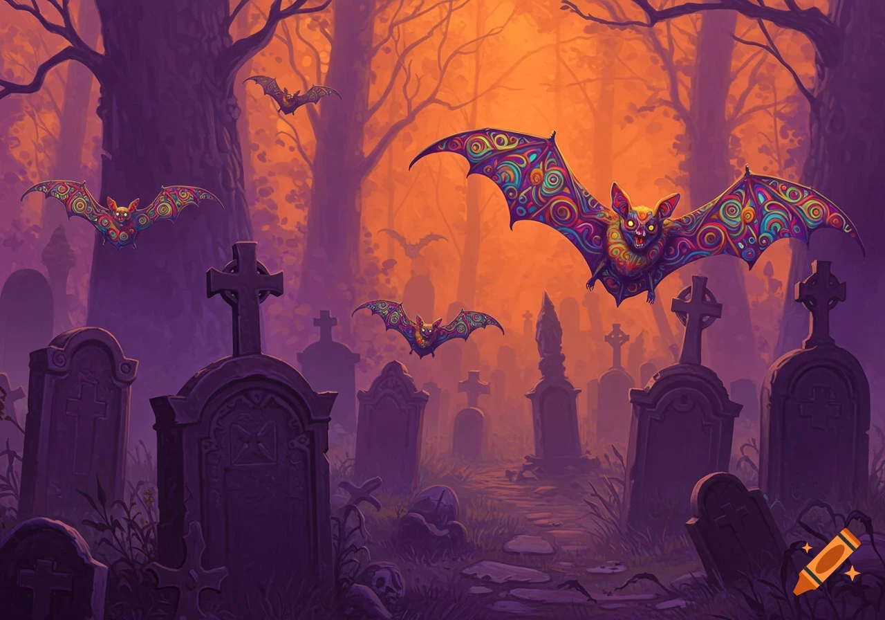 Psychedelic patterned bats fly over a purple and orange illuminated cemetery at sunset.