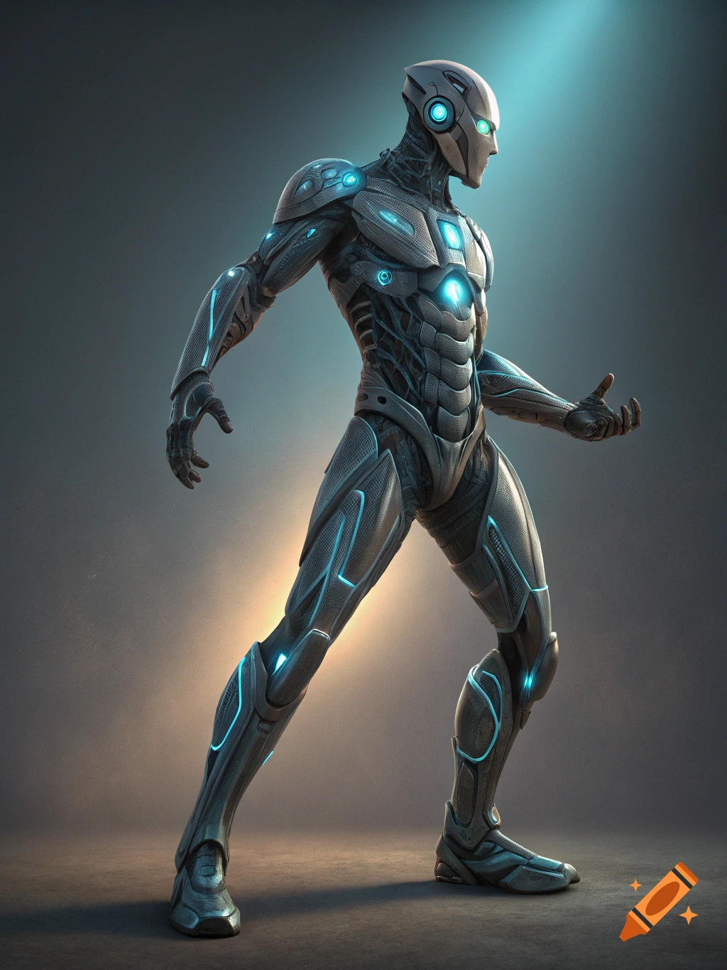 A futuristic cyborg in dark armor with blue lights stands ready.