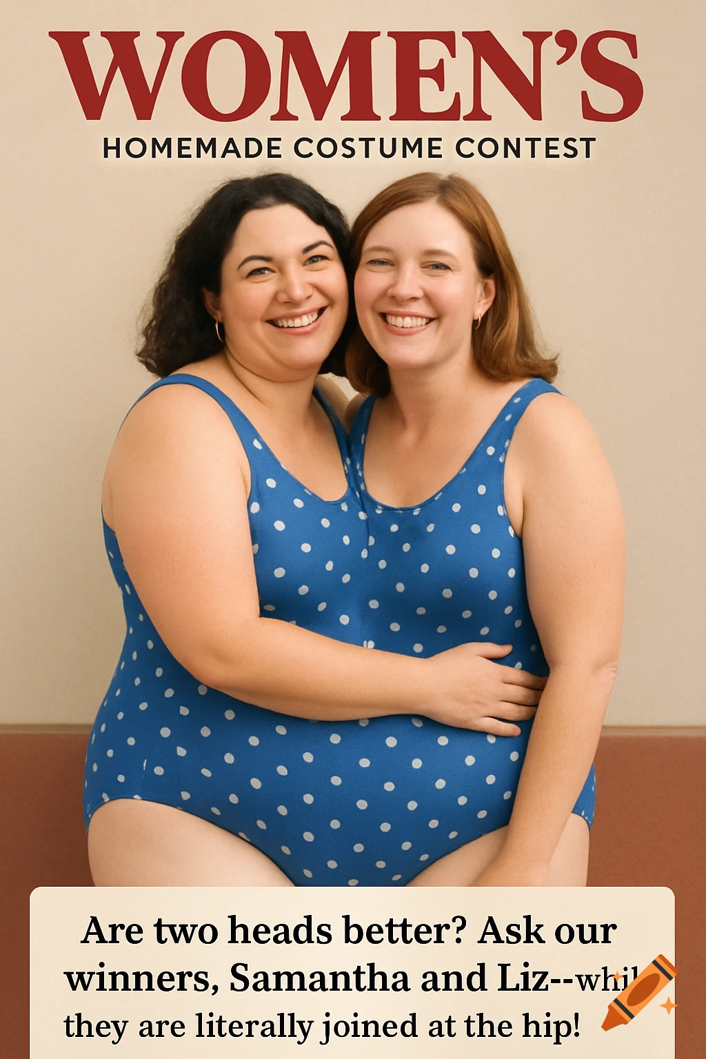 Two women in a blue polka dot swimsuit, merged to appear as a single figure with two heads for a homemade costume contest, smiling.