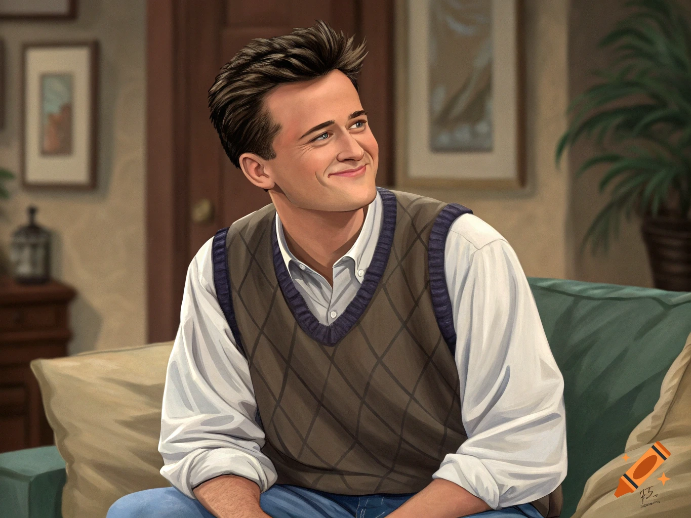 Digital painting of Chandler Bing from Friends sitting on a couch, smiling and looking upwards, wearing a sweater vest.