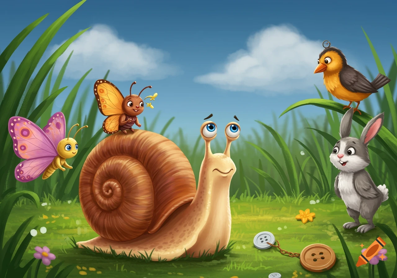 Cartoon animals: a snail, two butterflies, a rabbit, and a bird in a grassy field with buttons.
