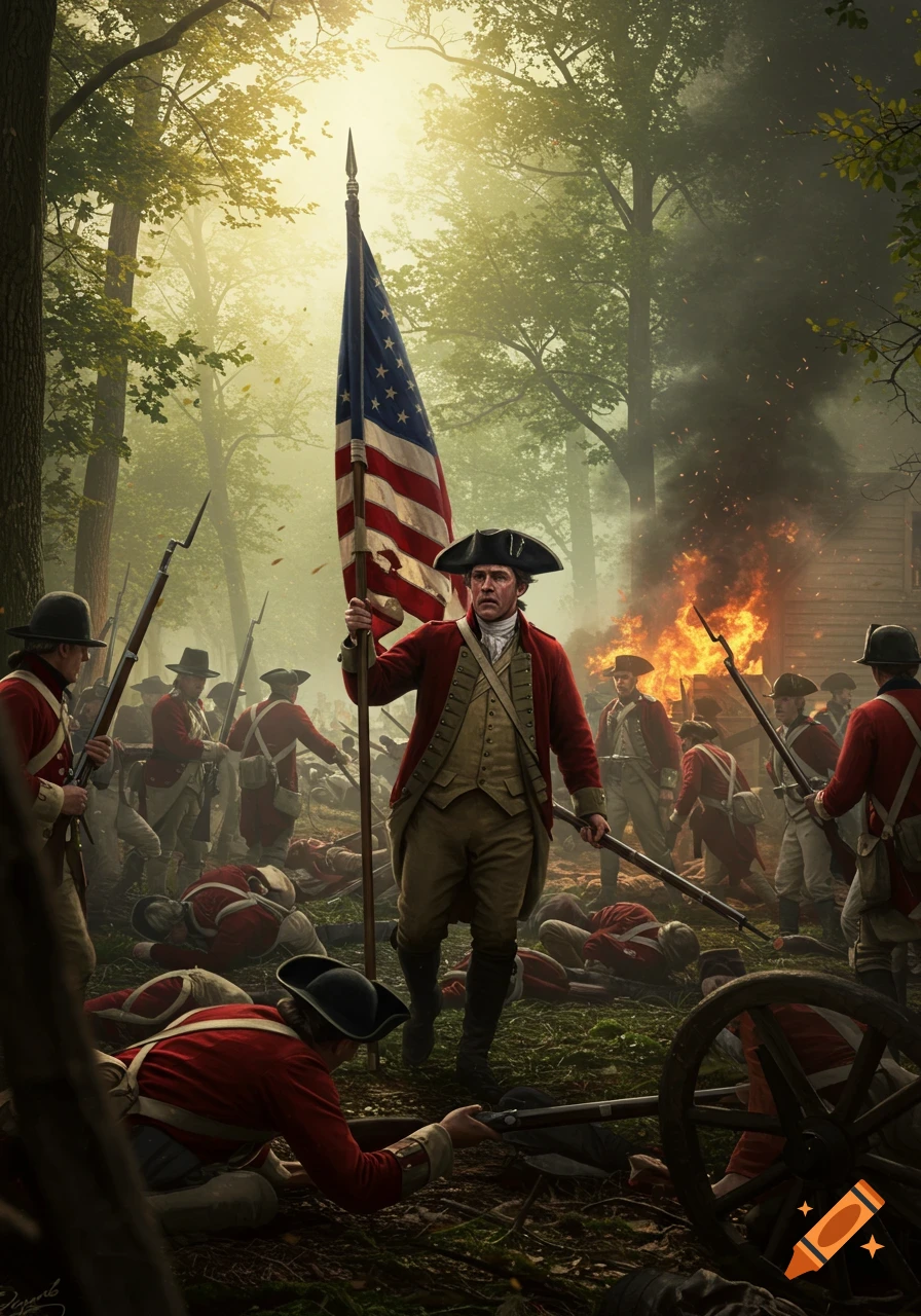 A man holds the American flag during a Revolutionary War battle scene in a forest.