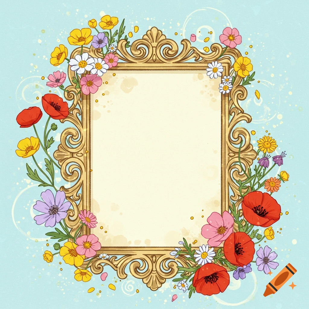 A vintage gold frame surrounded by colorful wildflowers and green leaves on a blue background.