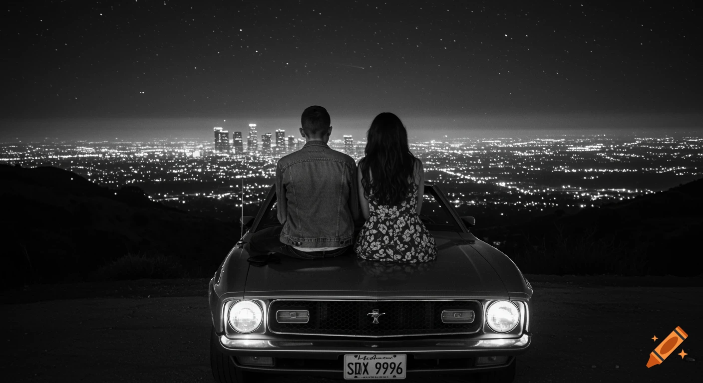 Couple sits on a vintage convertible overlooking a city skyline at night under stars.