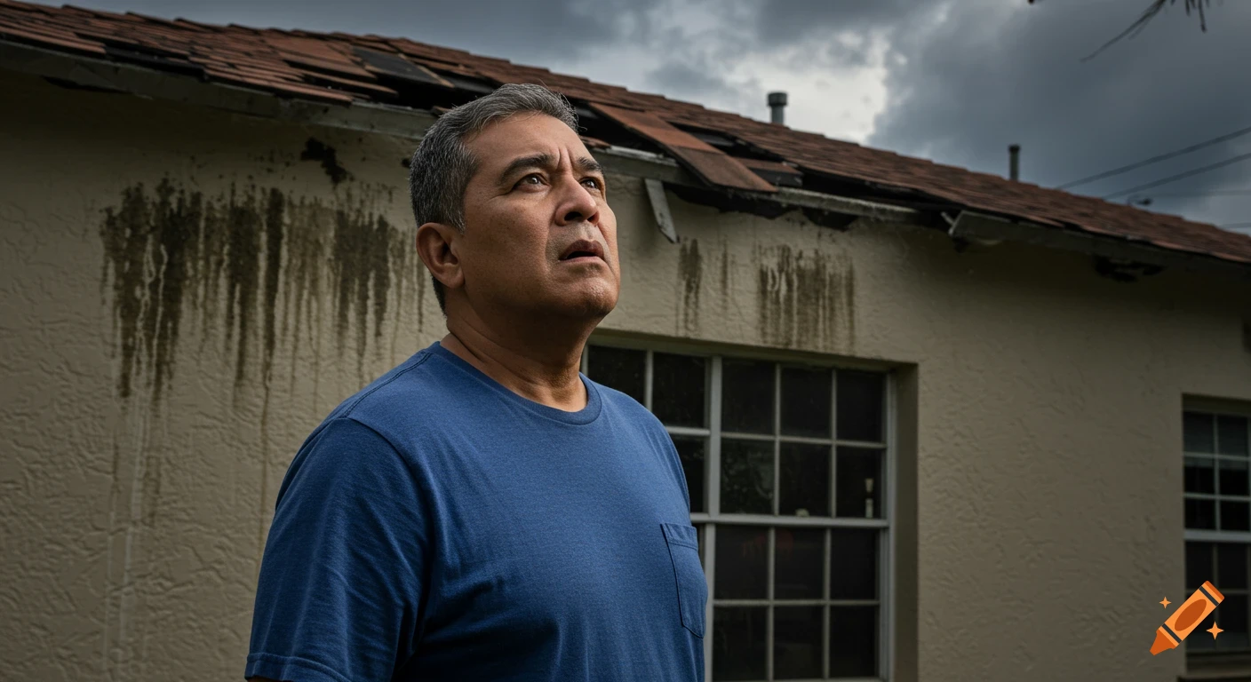 Middle-aged man looks up at damaged roof under dark clouds. Photorealistic.