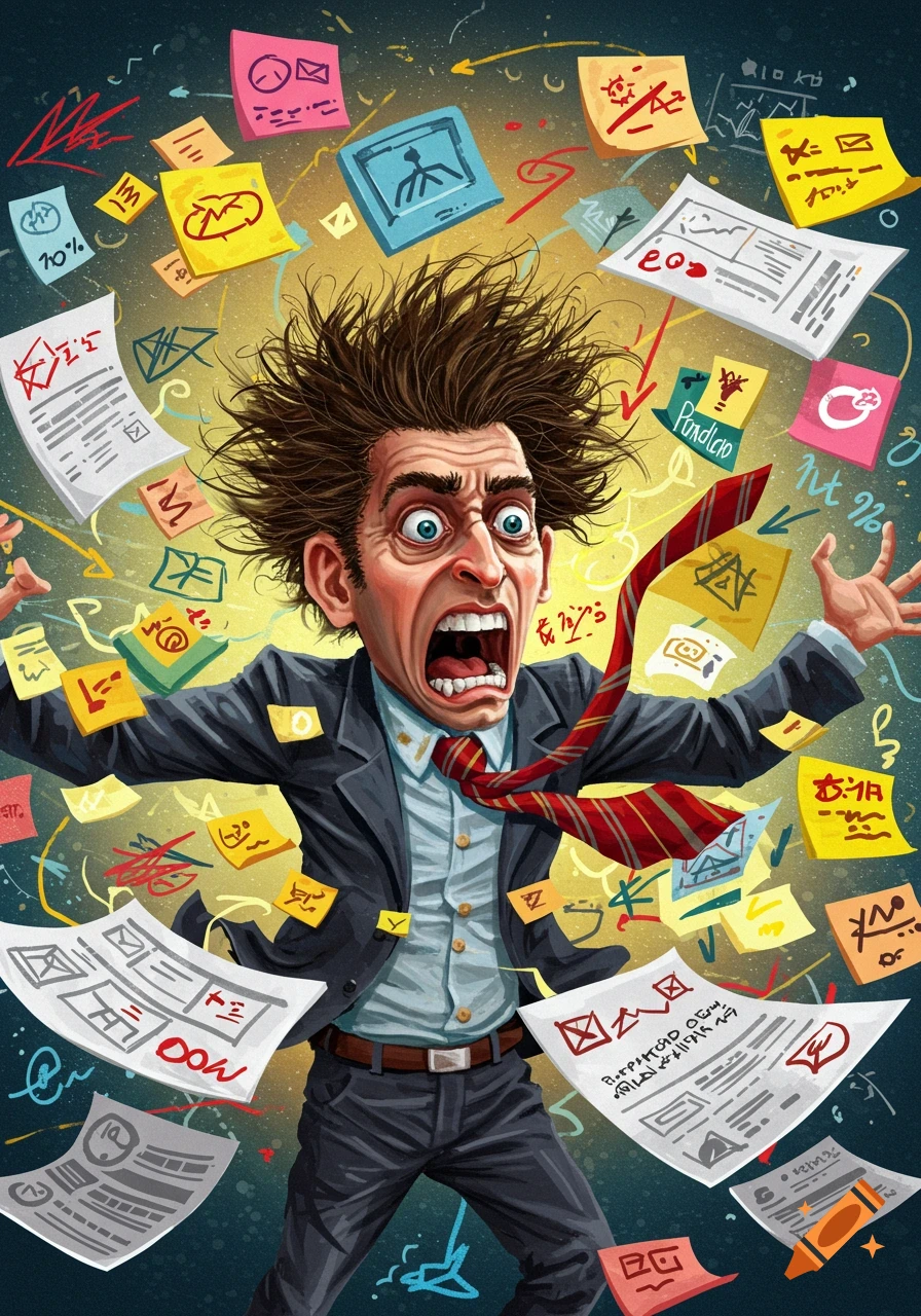 Cartoon illustration of a stressed businessman overwhelmed by paperwork and post-it notes.