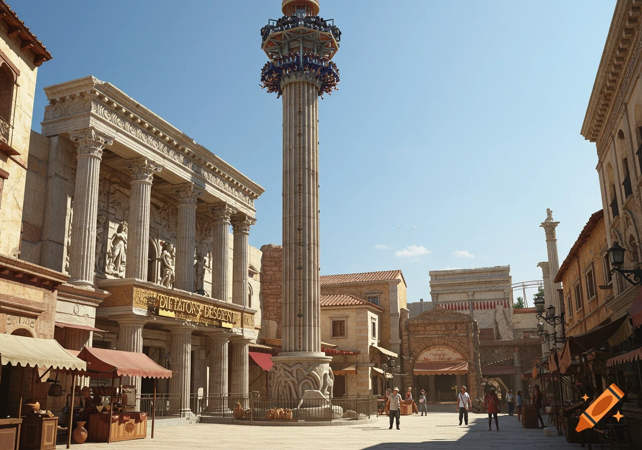 A tall drop ride tower stands in a plaza surrounded by buildings designed in a Roman architectural style at a theme park.