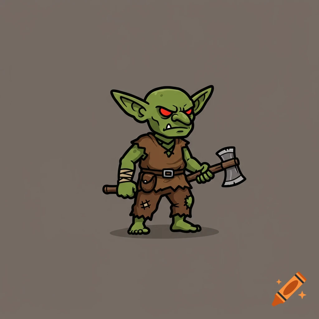 Green goblin with red eyes holding an axe, simple illustration style