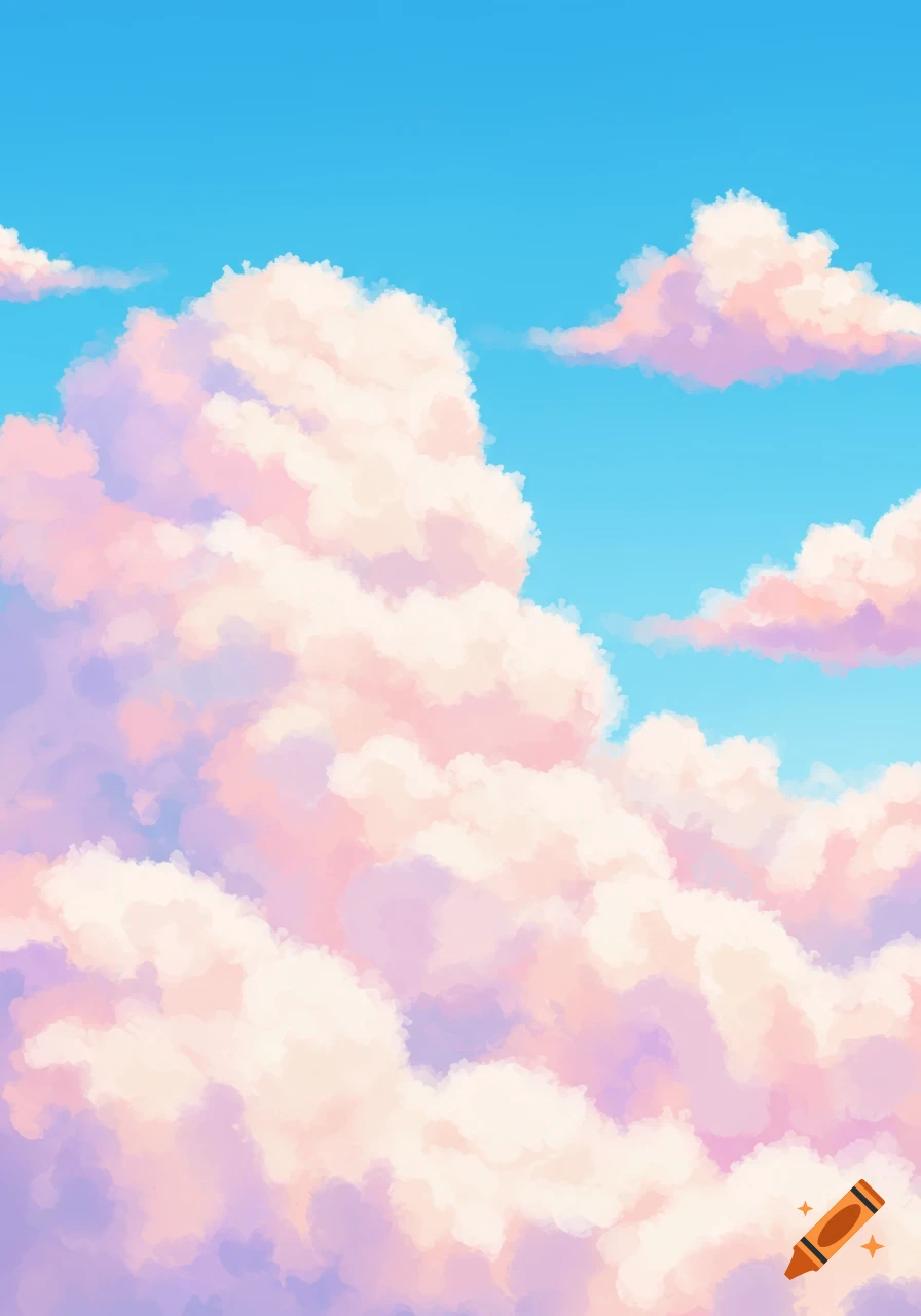 Fluffy pastel clouds against a blue sky, digital art style.