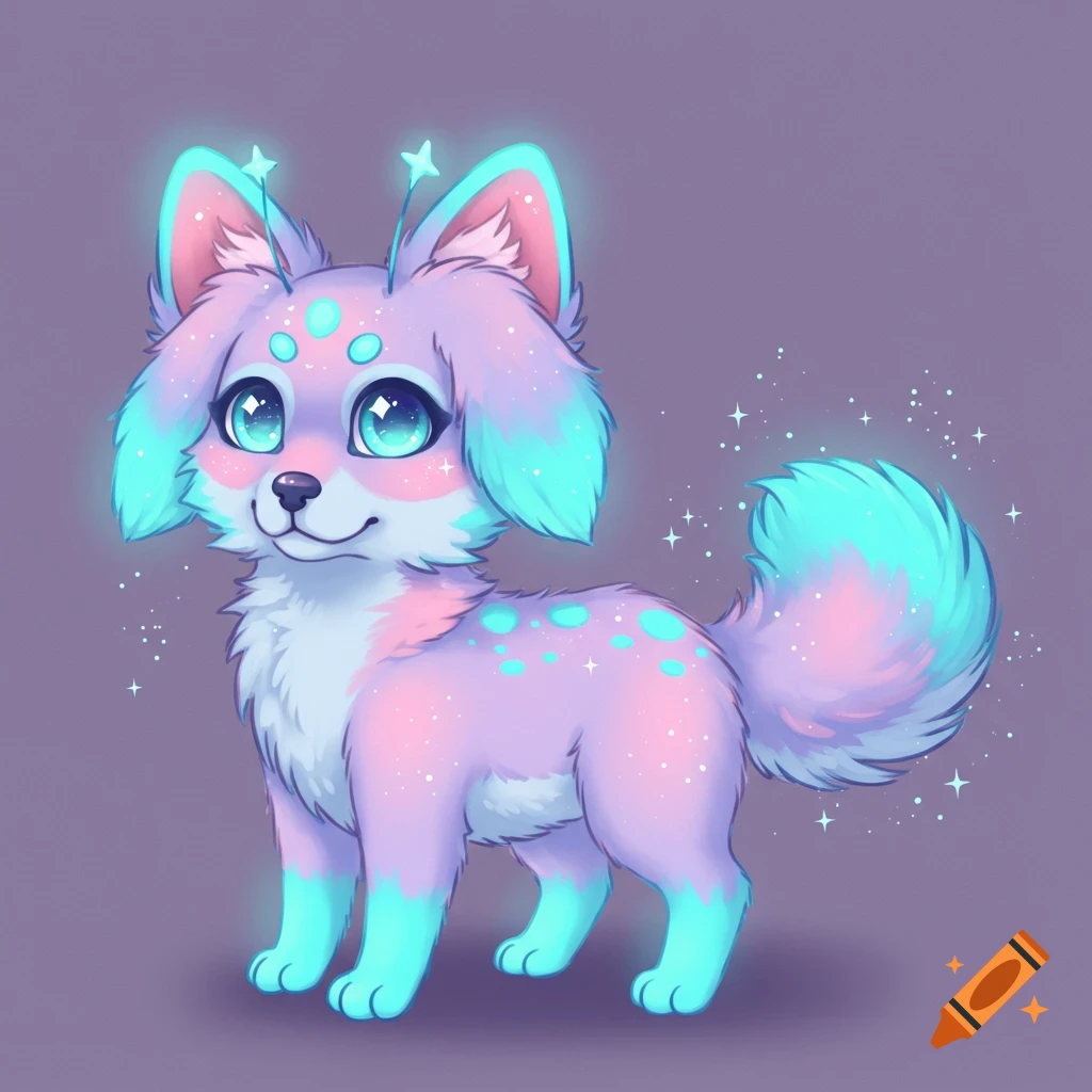 An illustration of a cute fantasy dog-like creature with pastel lavender and pink fur, teal spots, large blue eyes, and star antennae on a purple background.