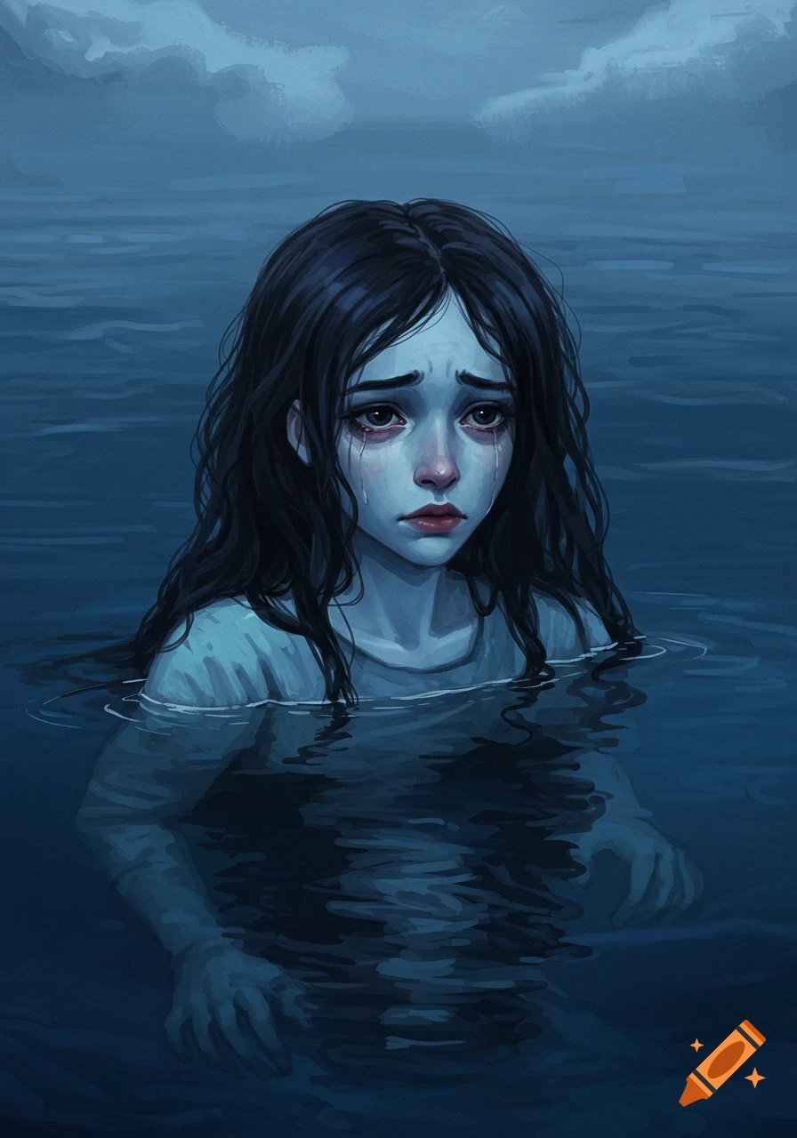 Illustration of a girl crying in dark blue water