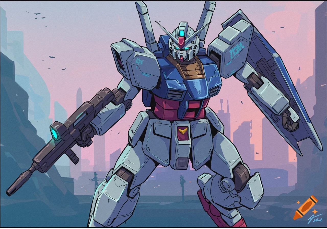Gundam robot with a rifle and shield standing in a city.