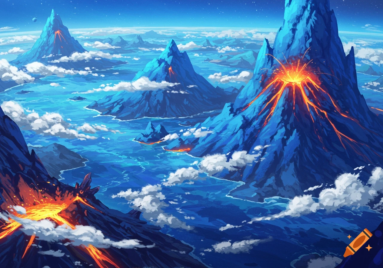 Fantastical landscape with erupting blue volcanoes, oceans, and clouds under a starry sky.