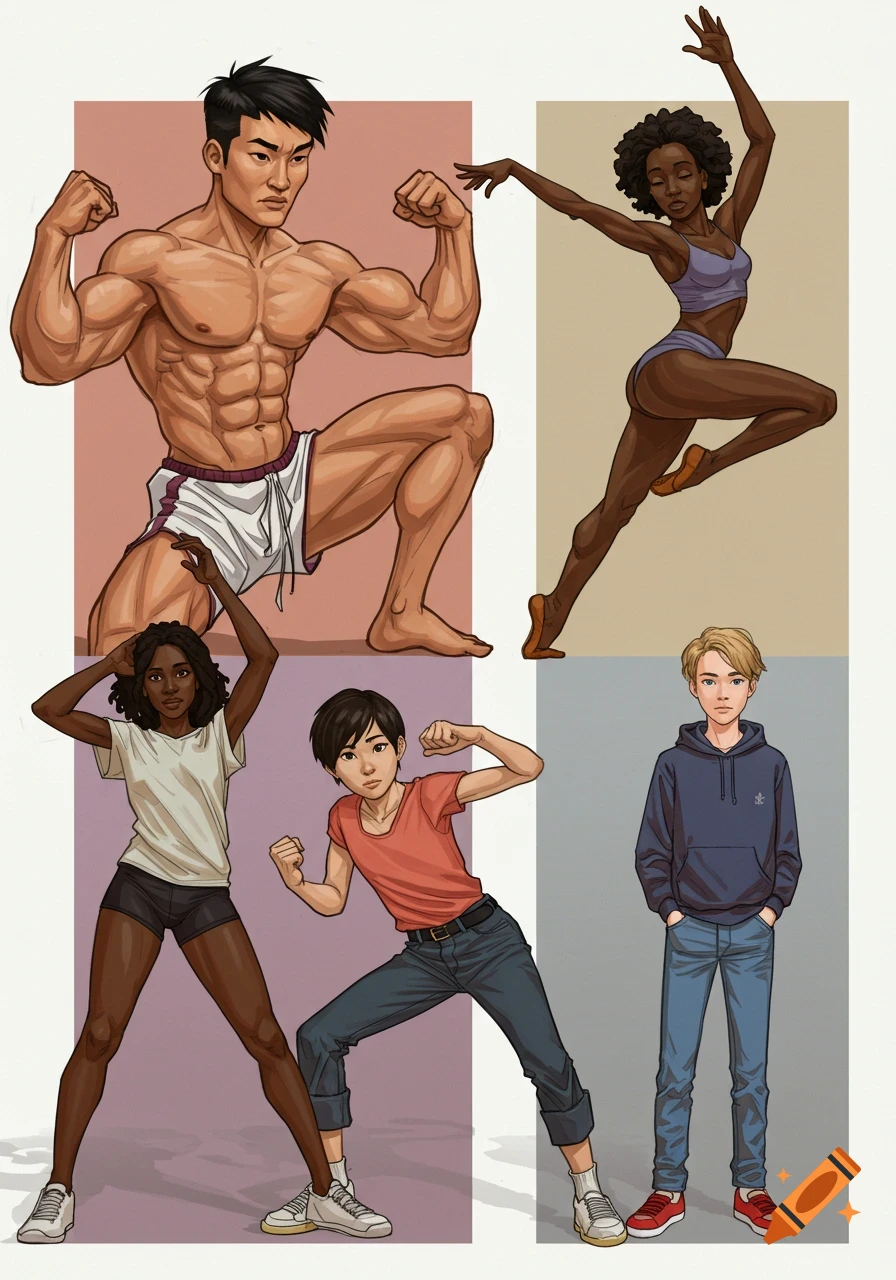 Stylized illustration of multiple figures in various dynamic poses for drawing reference.