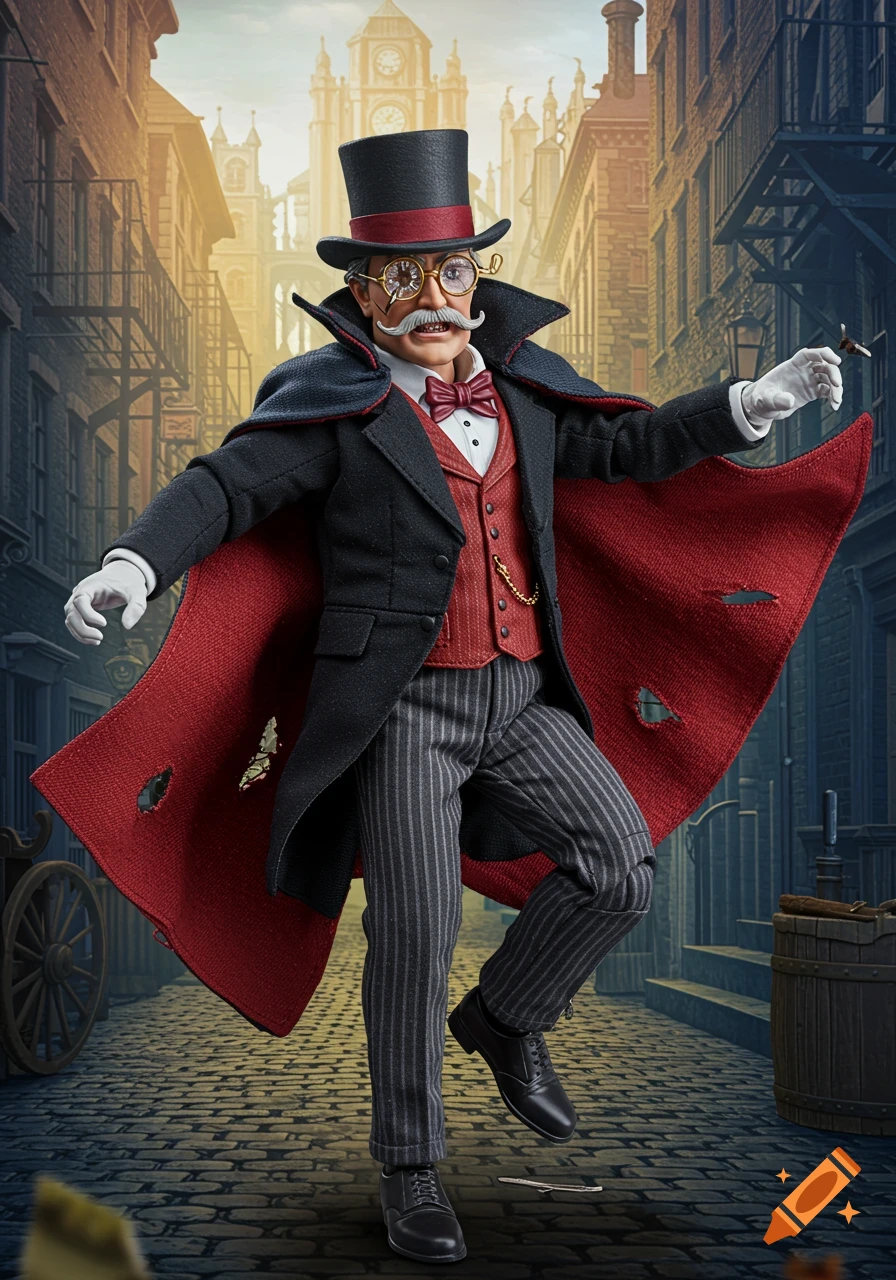 Action figure of a Victorian gentleman in a top hat, cape, and striped pants on a cobblestone street.