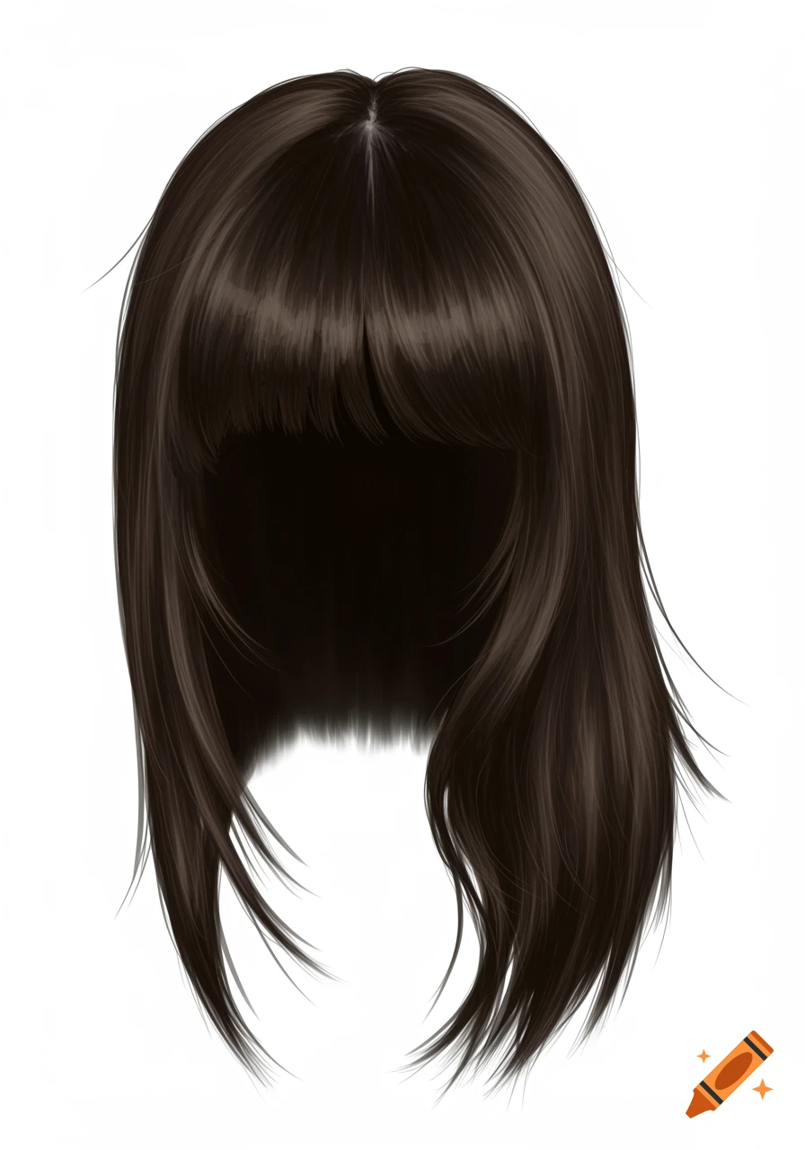 Digital illustration of dark brown shoulder-length hair with bangs