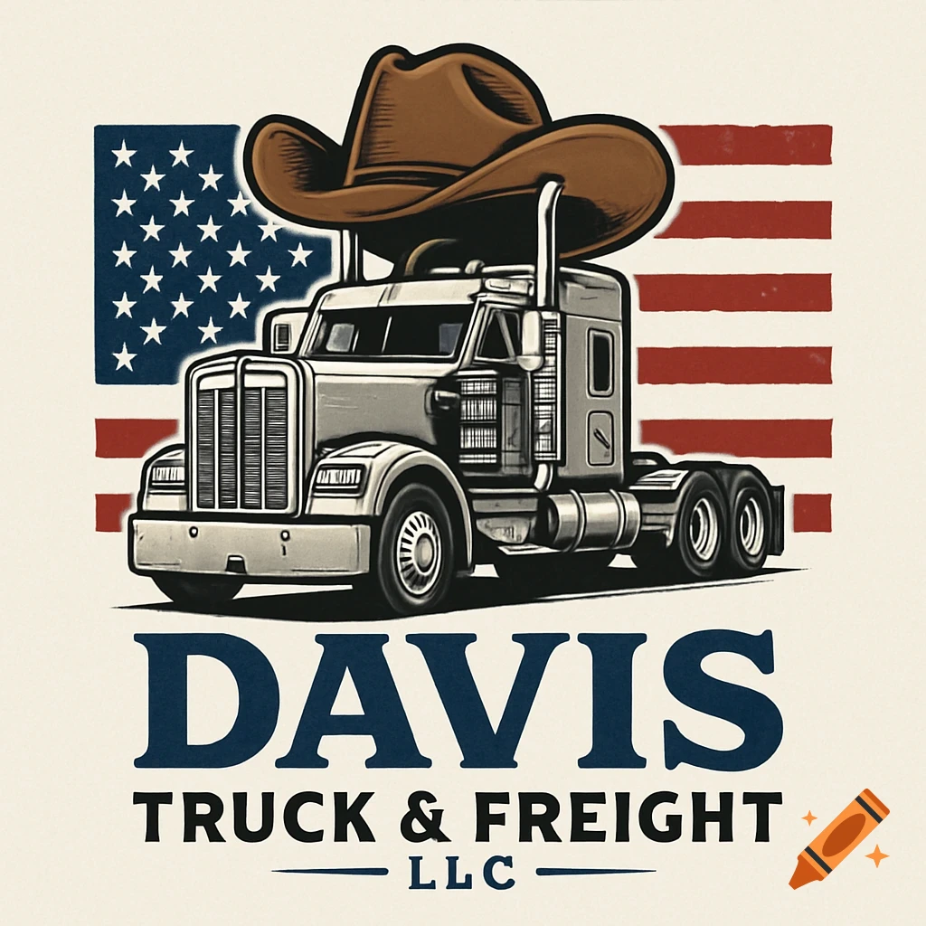 Illustration logo with a semi-truck topped with a cowboy hat in front of an American flag, with text "DAVIS TRUCK & FREIGHT LLC" below.