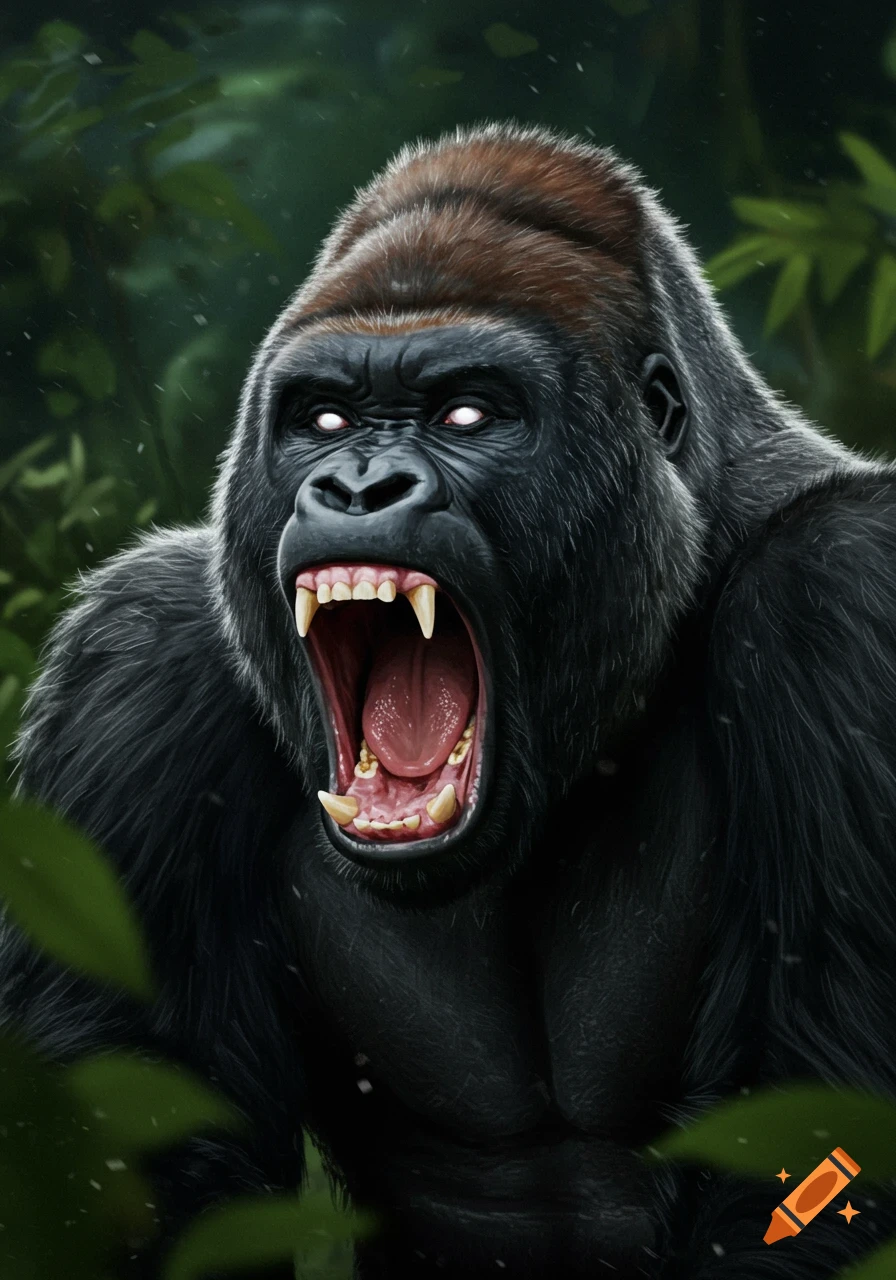 Digital painting of an enraged gorilla roaring with white eyes.