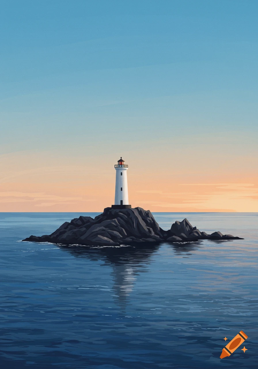 A white lighthouse stands on dark rocks in the middle of a calm blue ocean under a sky with orange and blue hues.