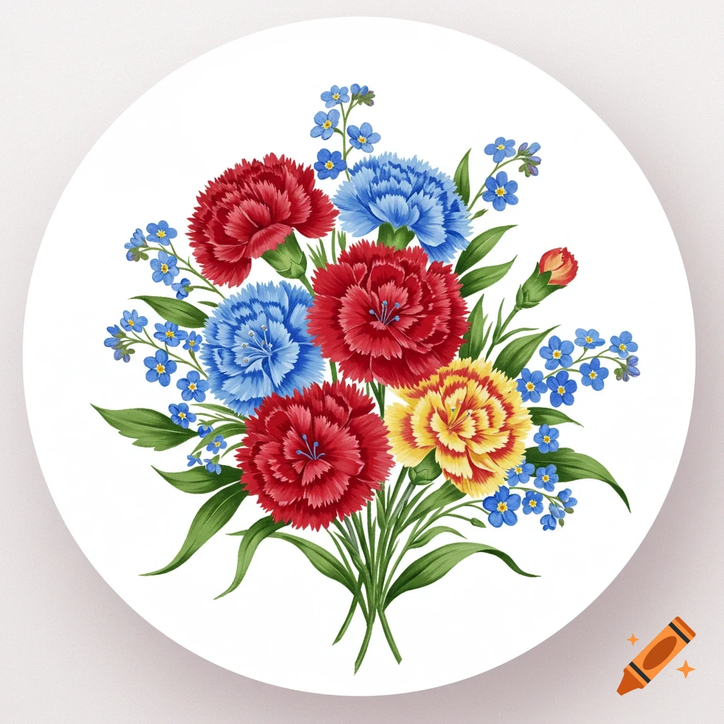 Illustration of a bouquet of red, blue, and yellow carnations with blue forget-me-nots and green leaves on a white background