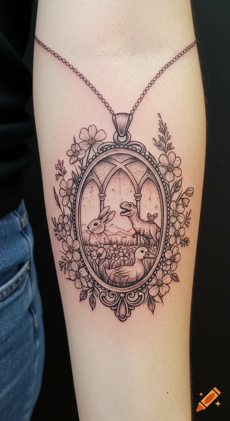 Black and grey tattoo of a pendant with a bunny, t-rex, and duck inside, surrounded by flowers.