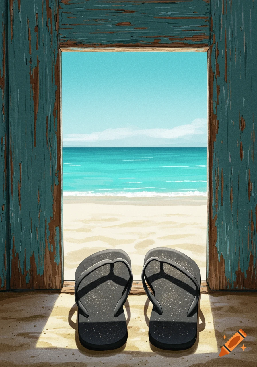 View from a doorway onto a bright beach and ocean, with a pair of black flip-flops sitting on the floor in the foreground.