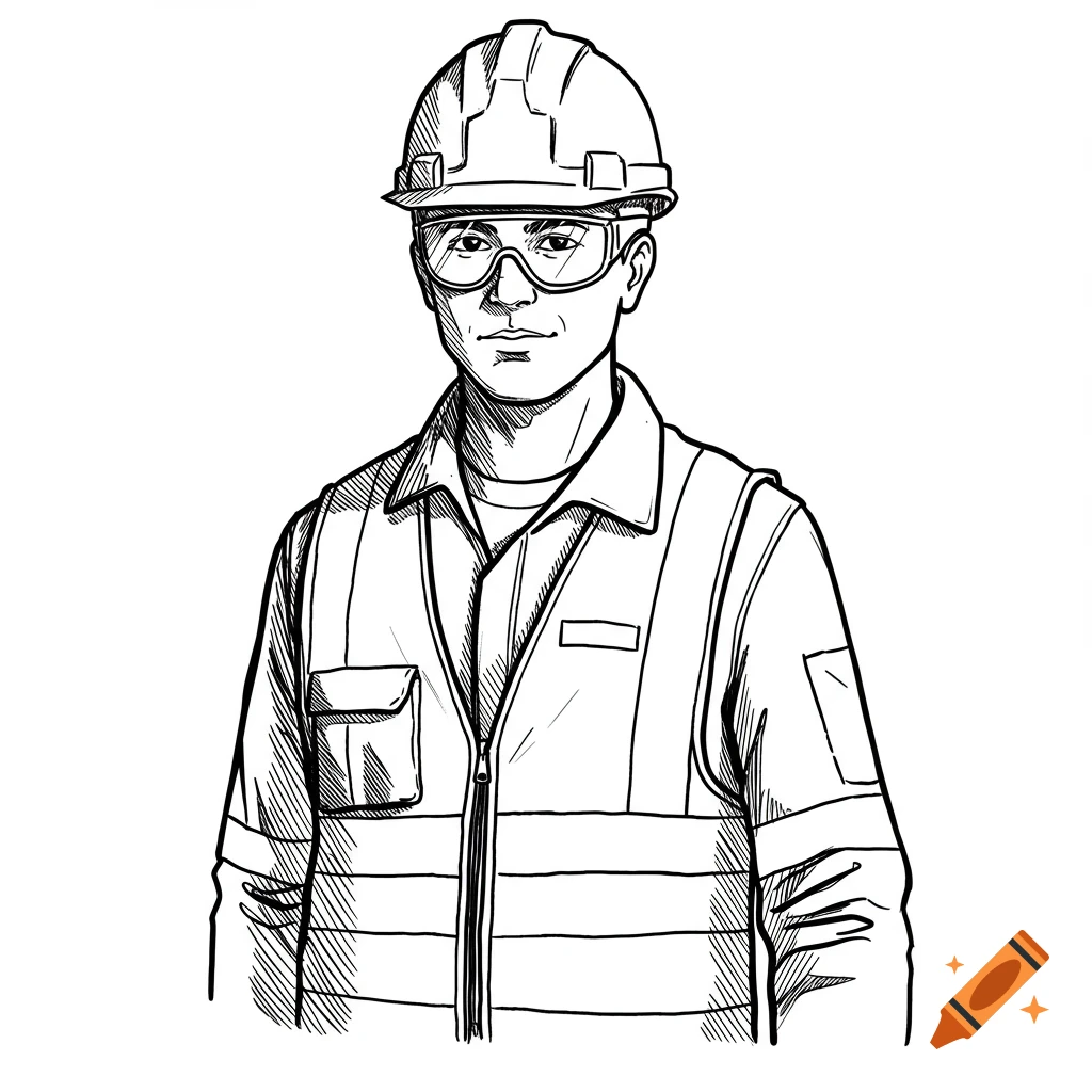Black and white sketch of a man wearing a hard hat and safety vest.