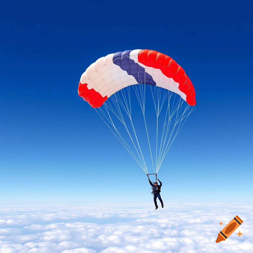 A parachutist with a red, white, and blue parachute above clouds