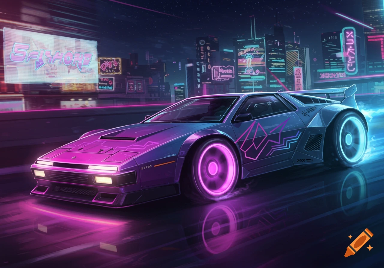 A futuristic race car with glowing neon lights drives down a city ...