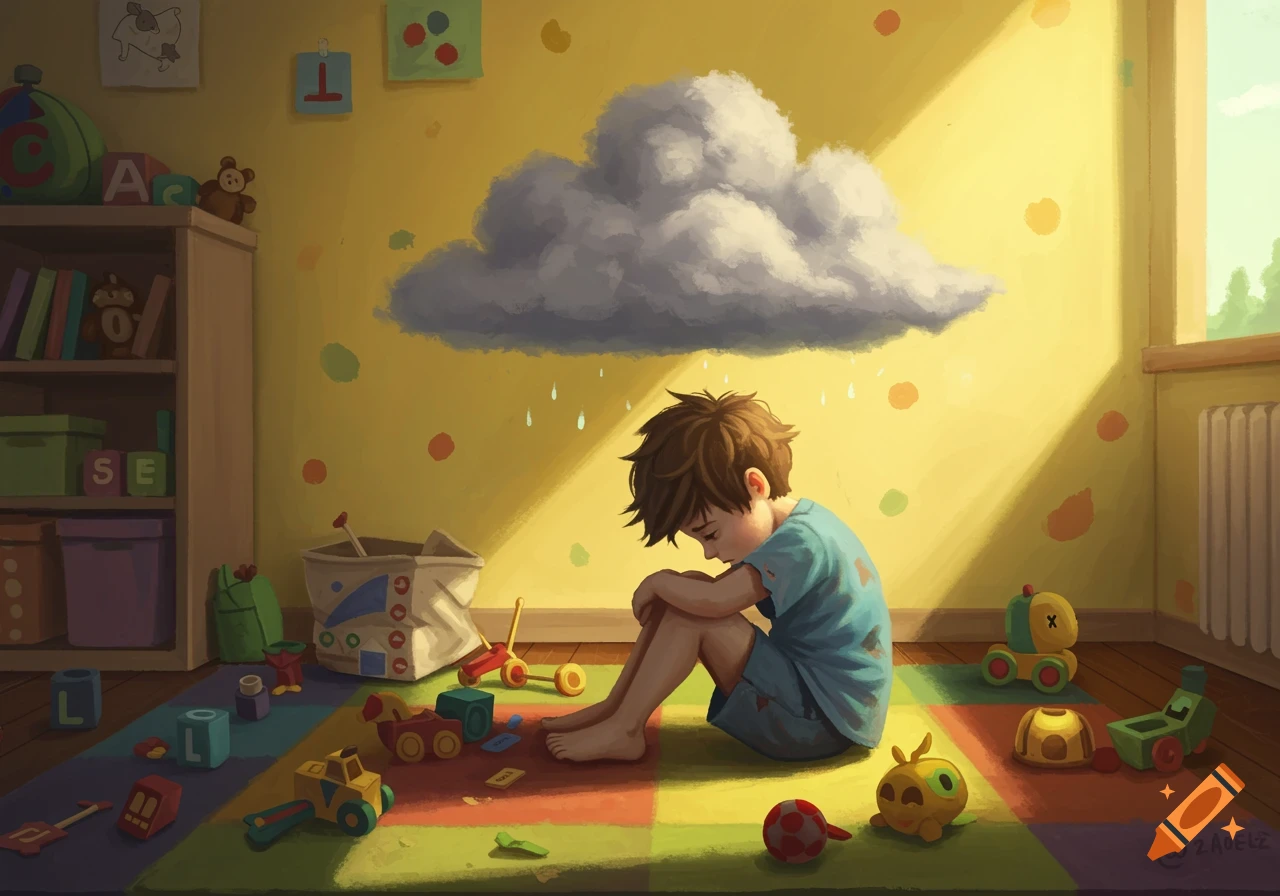 A sad boy sits on a rug in a messy playroom with toys scattered around and a rain cloud over his head. Digital painting.